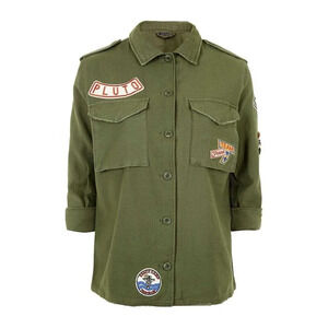 Topshop Army Khaki Olive Green Utility Jacket Shacket Space Patches EUC Sz 6